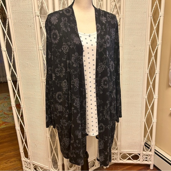 Lands' End Set Black Floral Drapey Kimono Open Front White Tee Top Plus size 1X - Picture 2 of 16